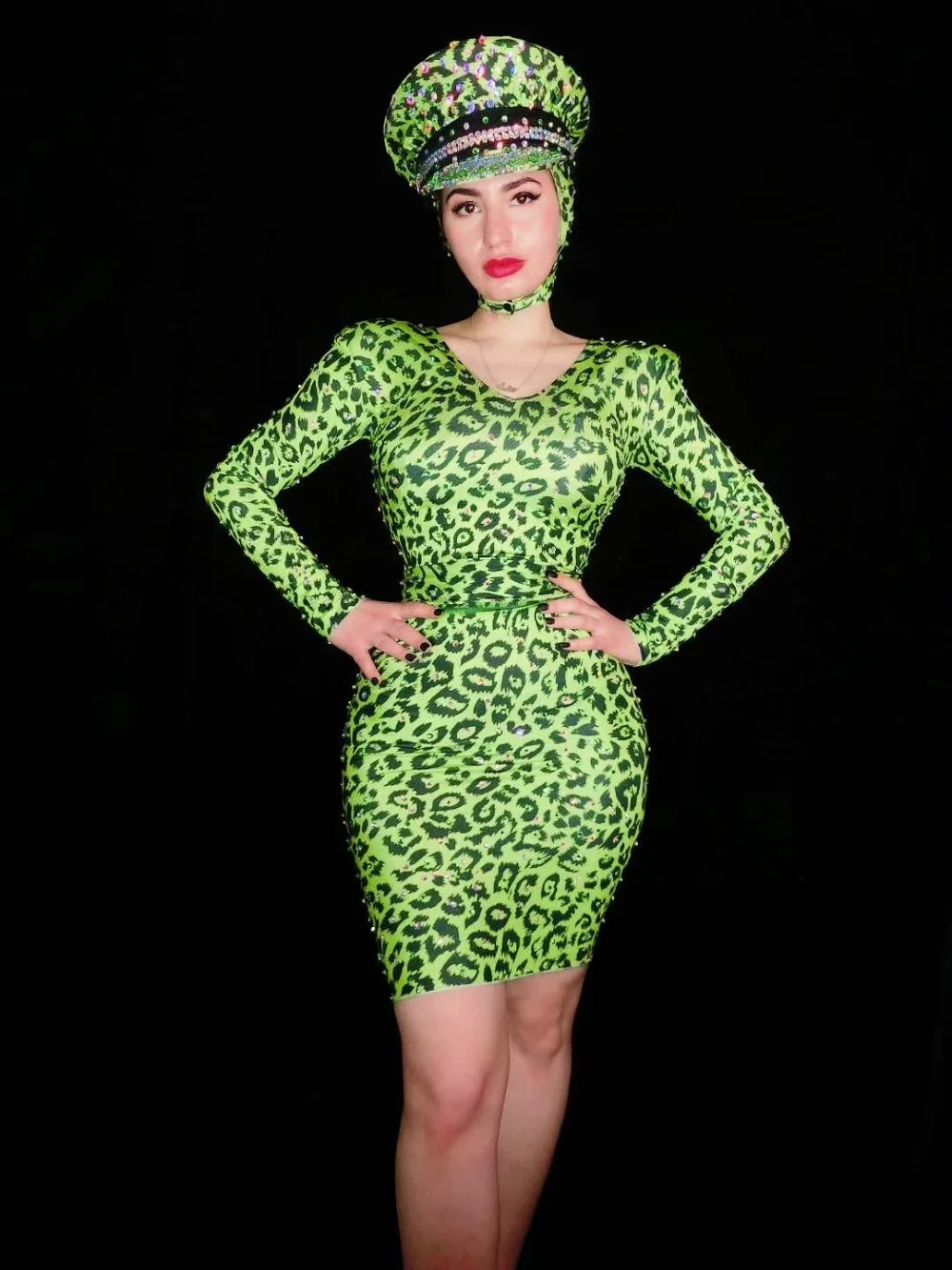 2020 New Sexy Green Leopard Spandex Stretch Dress Party Women Singer Nightclub Dance Outfit One-piece Skinny Set Dress+Hat