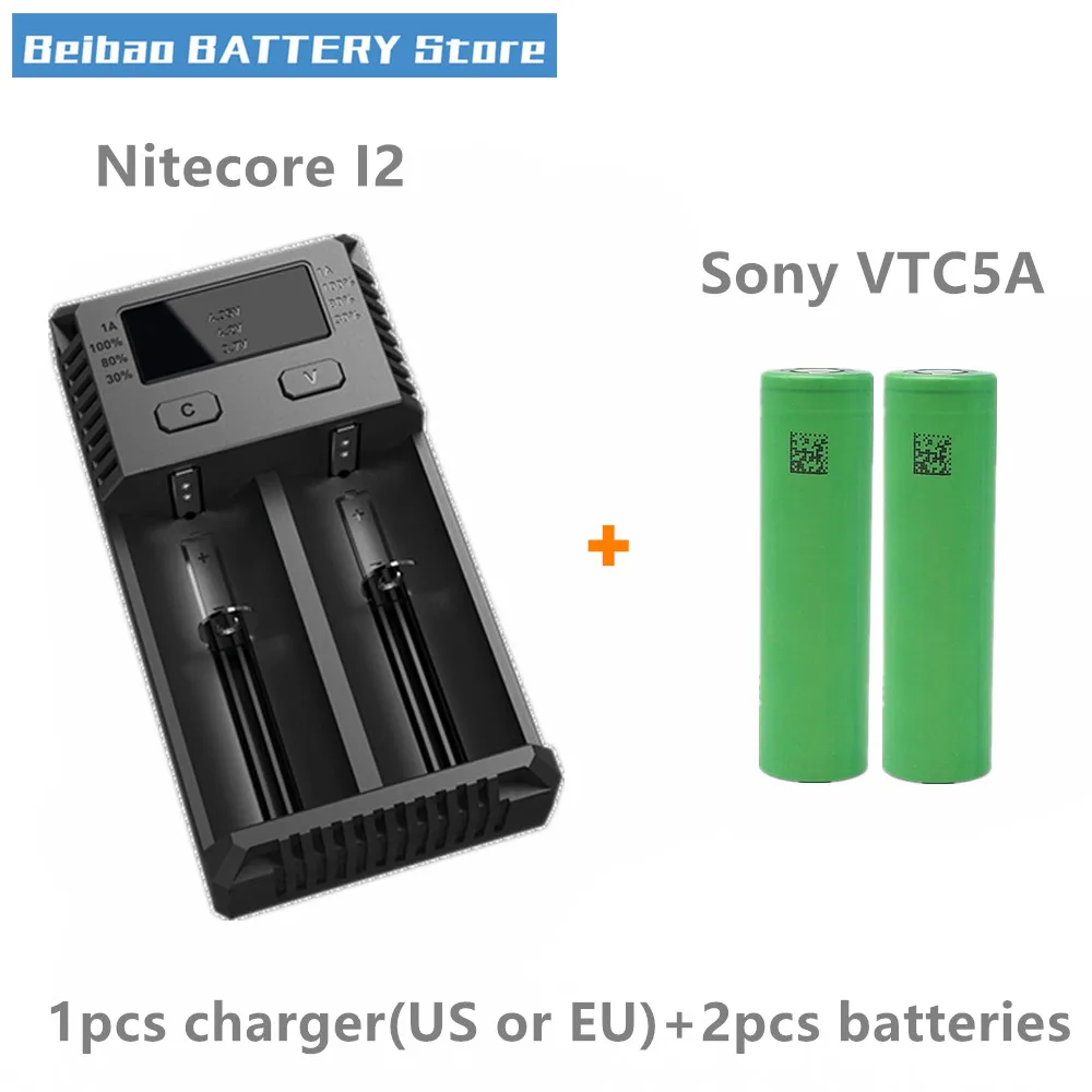 2 шт. для Sony US18650VTC5A VTC5A 2600 мАч 35A IMR 18650 аккумуляторная батарея с Nitecore Новый I2
