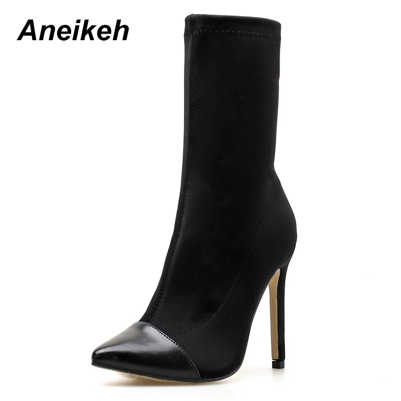 Black Aneikeh-осенние женские эластичные носки ботильоны на тонком каблуке без шнуровки модные пикантные ботинки «Челси» с острым носком - Цвет: Black