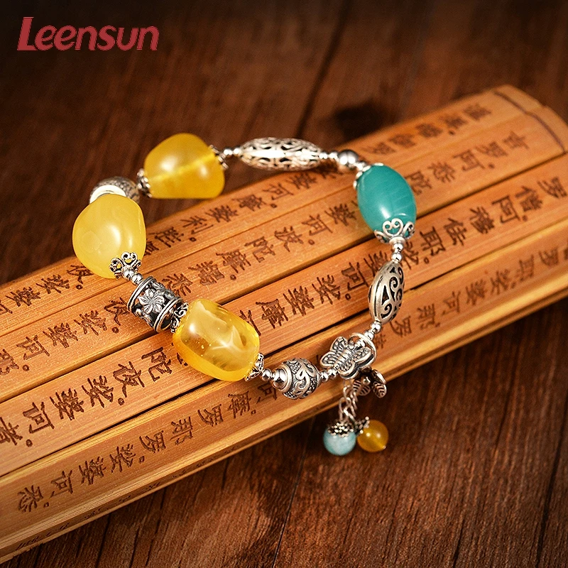 Leensun ювелирные изделия ручной работы из стерлингового серебра 925 пробы с янтарным