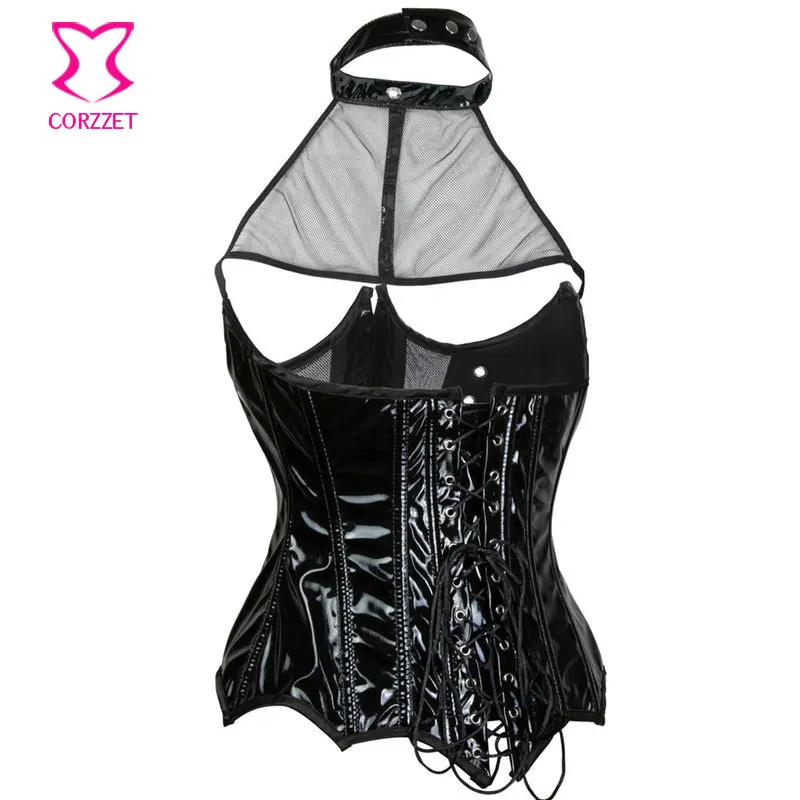 Женские кожаные Холтер грудью сетки корсет с бретели для нижнего белья пикантные