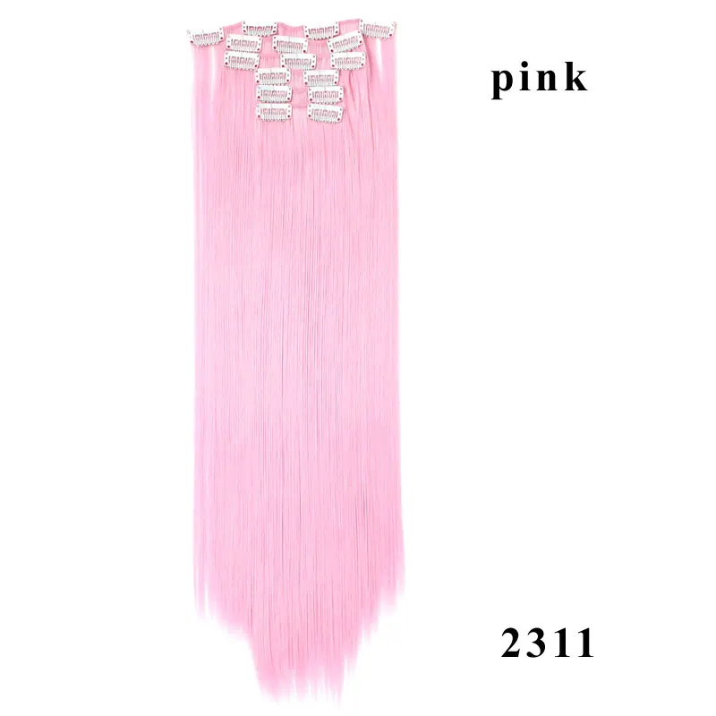 pink 16 клипс, 24 дюйма, Длинные прямые синтетические волосы для наращивания, 140 г, накладные волосы на клипсах, высокотемпературное волокно, черные и светлые волосы - Цвет: pink