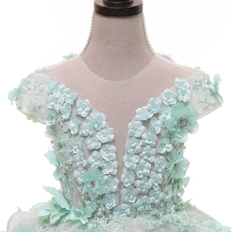 Мятно зеленые кружевные платья для девочек с цветами и жемчужинами вечерние