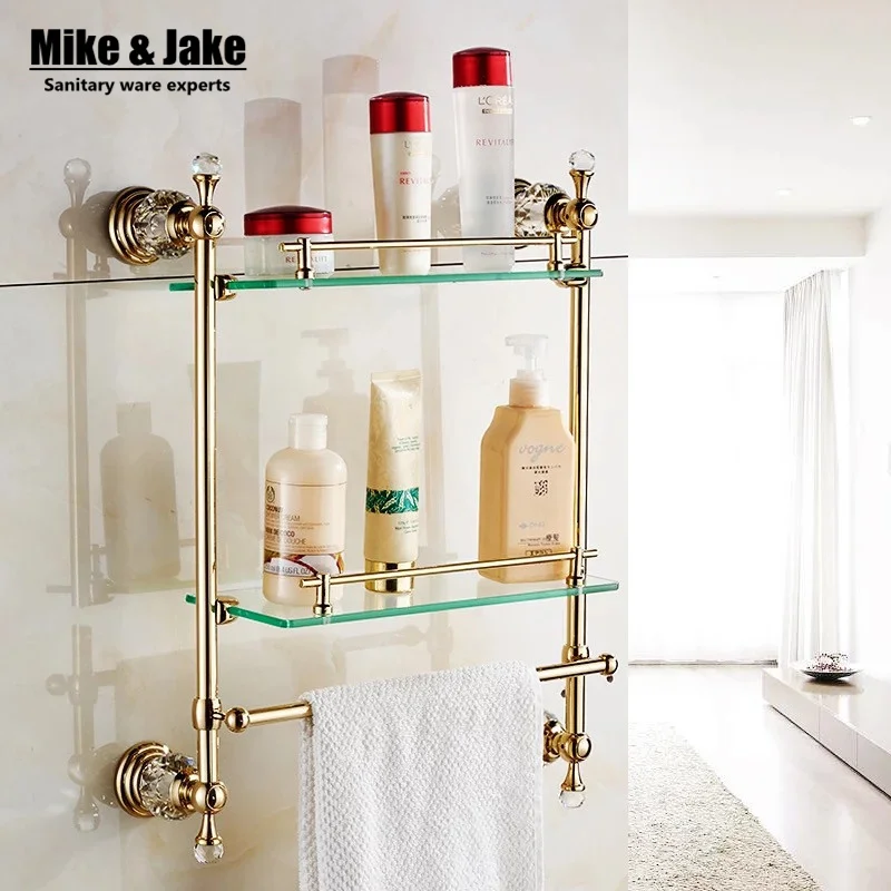 Настенная полка для ванной комнаты с золотистыми кристаллами|double glass shelf|bathroom