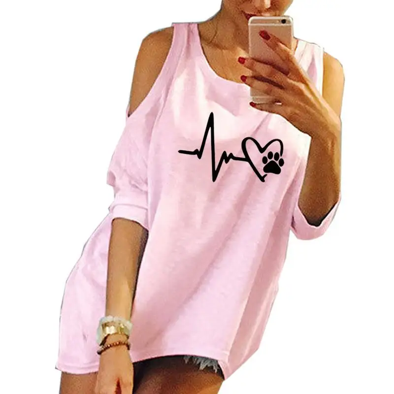 

2020 New Women T-shirt Fashion Dog Cat Paw Heart Cute Pattern Print T-Shirt Female Kawaii Tumblr Tops