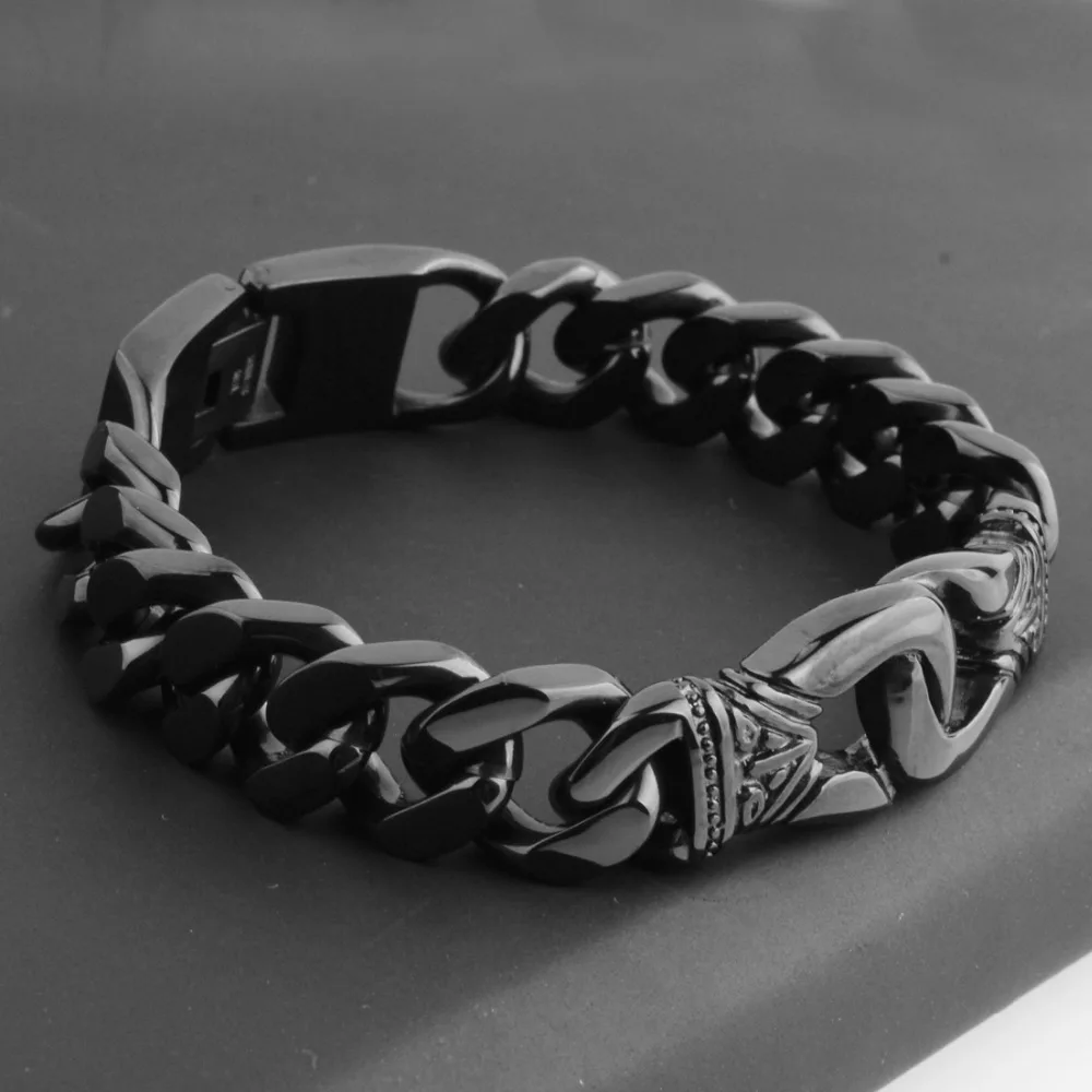 

Wholesale 316L Stainless Steel Black Hip Hop Biker Jewelry Cuban Curb Chain Men's Bracelet Bangle Christmas Gift 8.46" 15mm 78G