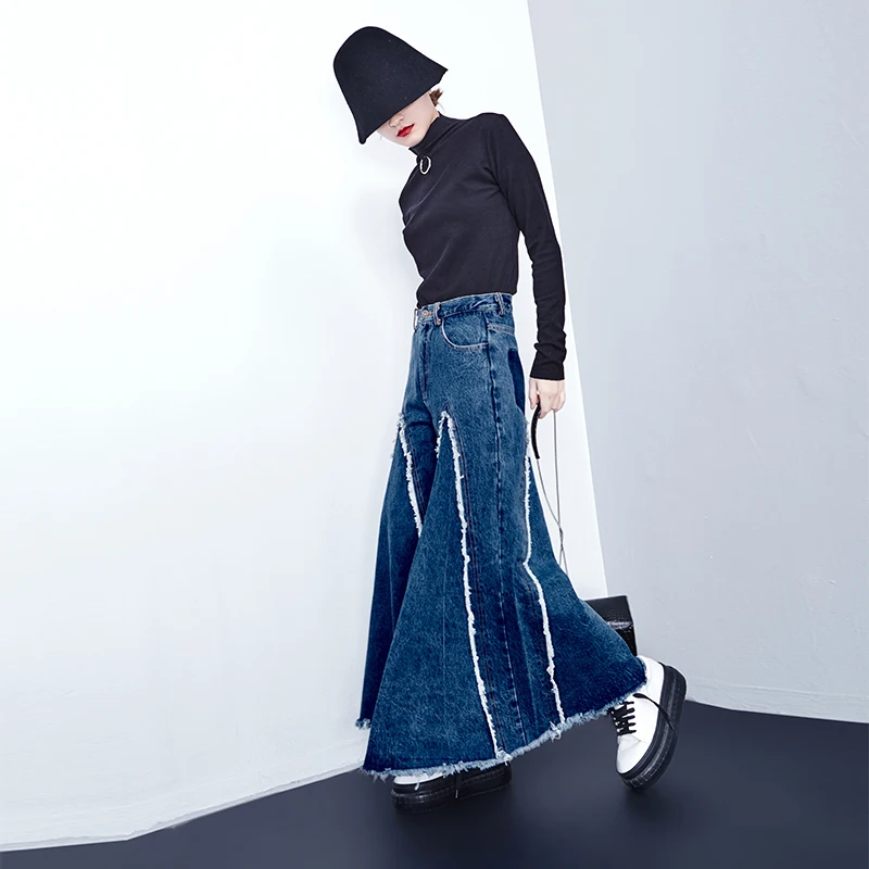 GETSPRING женские брюки асимметричные расклешенные джинсовые подходящие к цвету