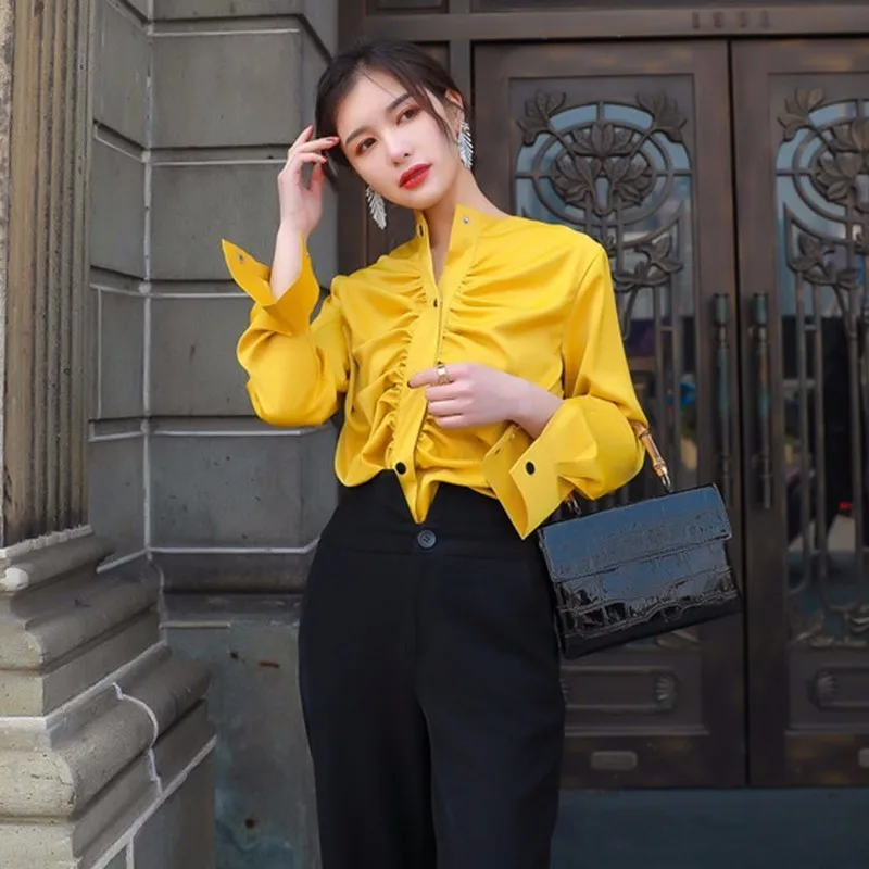 TWOTWINSTYLE Ruched рубашка Топ для Для женщин Однобортный желтого цвета с длинными
