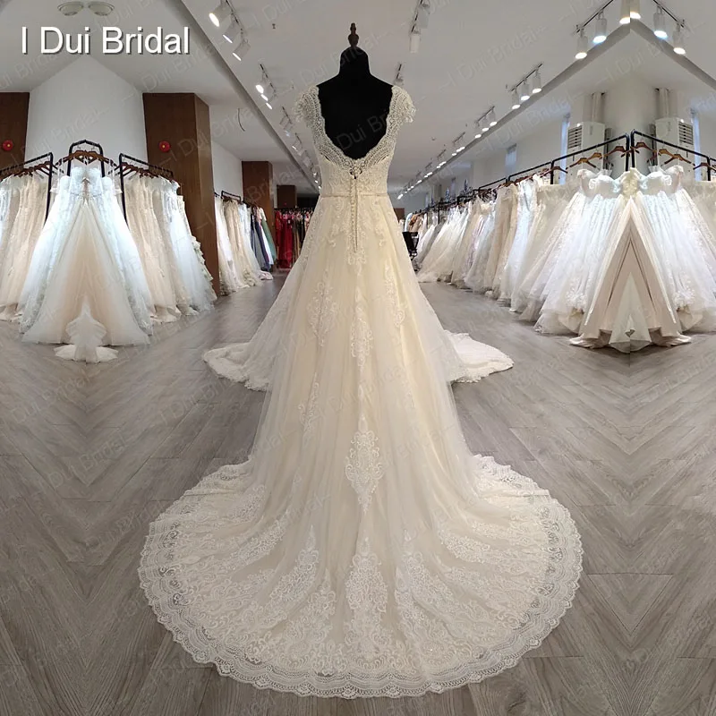 Cap Sleeve V Neckline Wedding Dress with Luxury Pearl Beaded Delicate Lace Bridal Gown High Quality Factory Custom Made