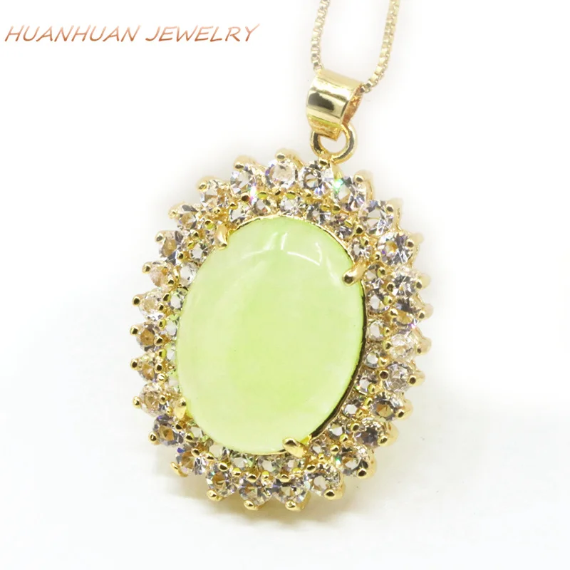 Natural Green Stone Jades Pendant Gold-Color Copper Zircon Chain Necklace For Women 28x37mm Chalcedony Pendants Jewelry B3314 | Украшения и