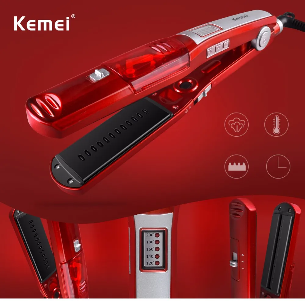 Kemei-3011, Электрический паровой выпрямитель для волос, Паровая расческа, выпрямляющие утюги для волос, прямые волосы с температурным дисплеем, инструменты для укладки