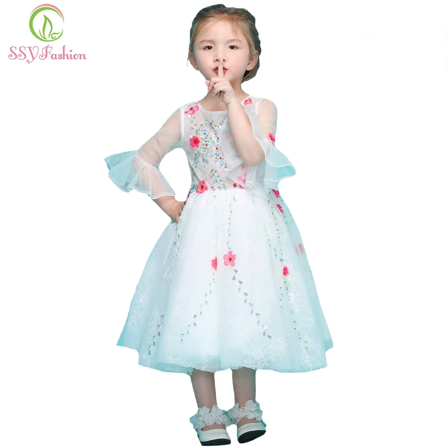 Ssyfashion новый сладкий цветок gril платья для свадьбы белое кружево аппликация 3/4
