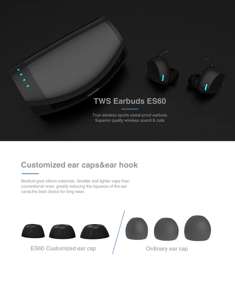 ES60 СПЦ с двойным правда Беспроводной Наушники гарнитуры наушники с Bluetooth V5.0 Спорт наушники вкладыши для Iphone Android смартфон