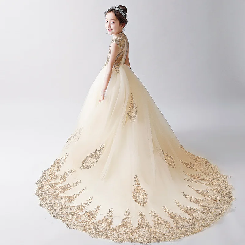 Gorgeous Chapel Train Junior Bridesmaid Girl Dress Children Gold Wire Celebration Birthday Evening Performance Show Party | Детская
