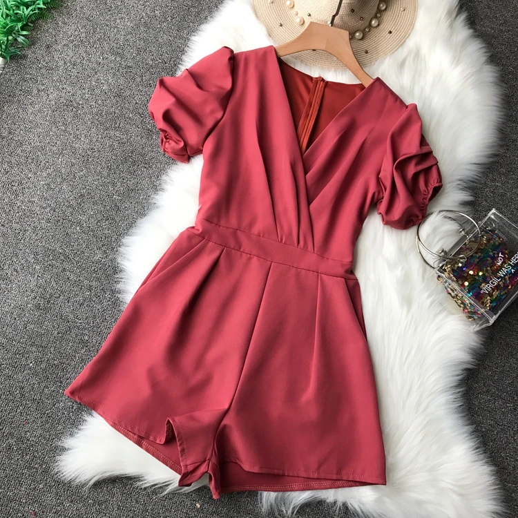 Women's spring summer solid color short sleeve v neck jumpsuit female wide leg pants chic Playsuit TB1223 | Женская одежда