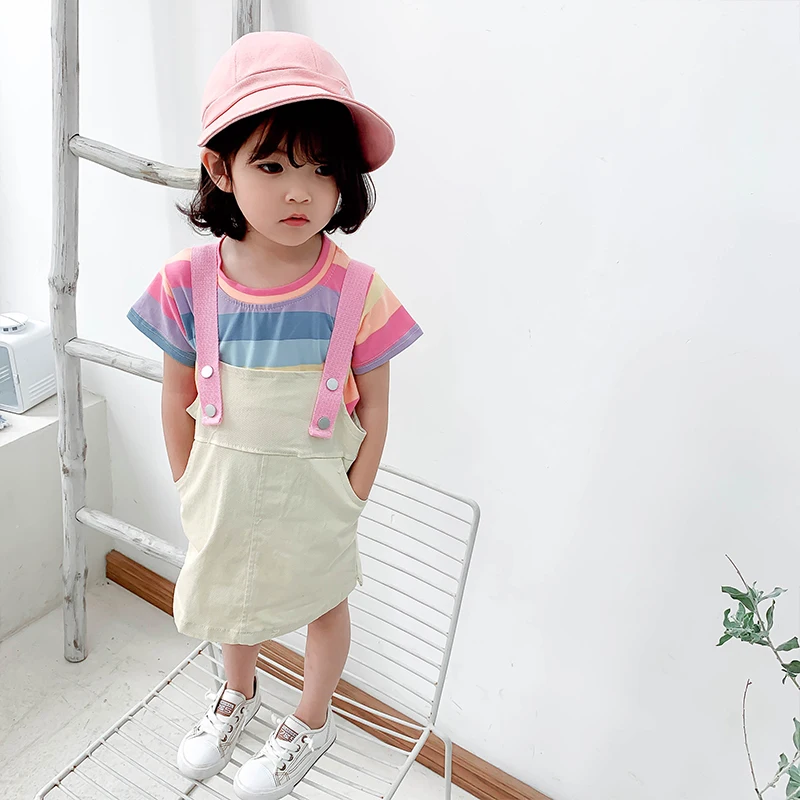 Cute Rainbow Strap Dress For Little Girls Summer Casual Wear Set Birthday Party Kids Halloween Costumes Baby 2-6 Years | Детская одежда
