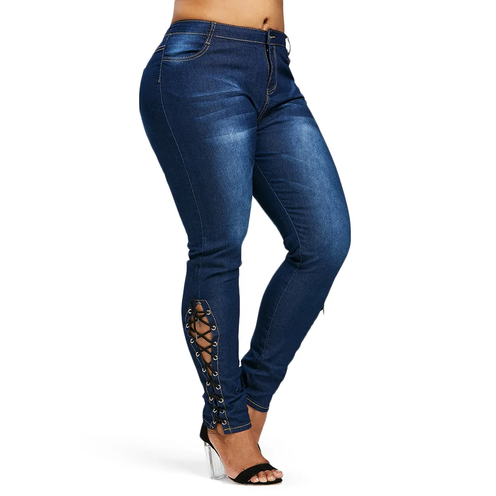 Wipalo Plus Size 5XL Zipper Sexy Fly Side Lace Up Jeans Femme High Waist Pencil Denim Pants Mom Big | Женская одежда