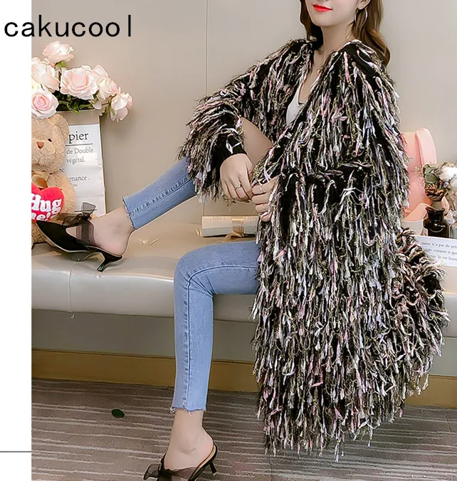 Cakucool New Women Furry Colorful Tassels Cardigans Autumn Gold Lurex Loose Lazy Korean Open Stitch Sweaters Female Cappa |