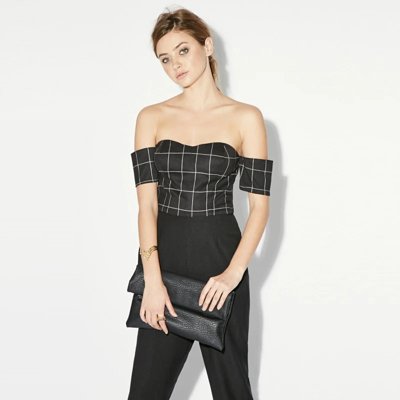 Misskoko Black Sexy Strapless Backless Slim Jumpsuit Off Shoulder Check Contrast Seam Romper Slash Neck Zipper Back Playsuit | Женская