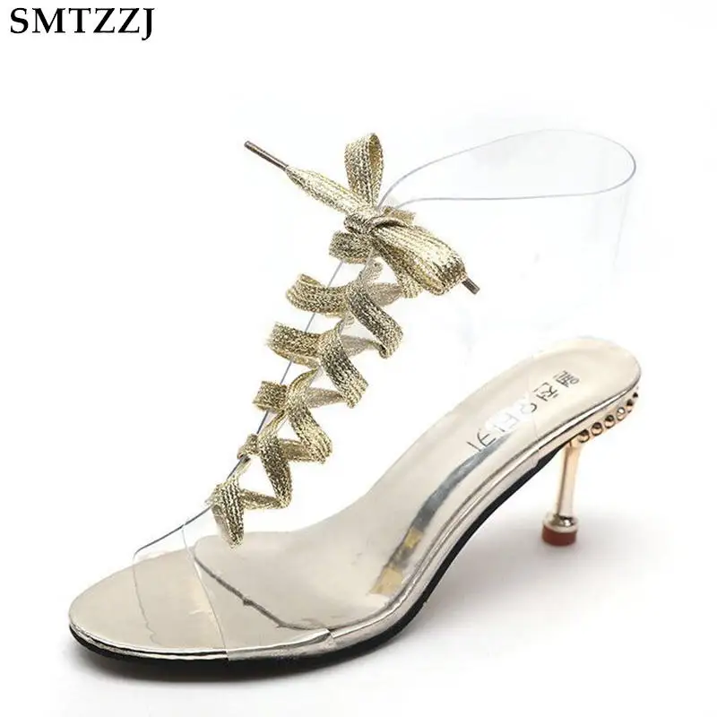 Женские босоножки с кристаллами SMTZZJ черные/Серебристые сандалии на высоком