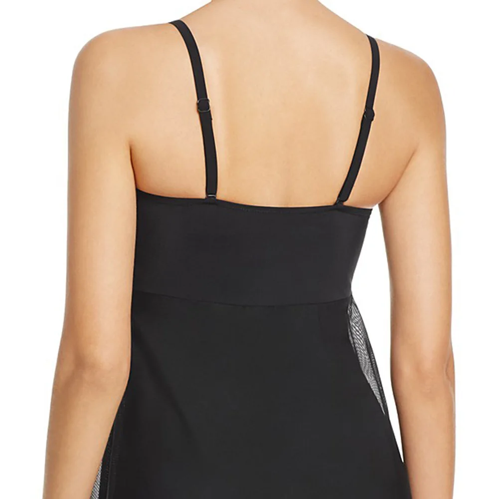 

Black Sheer Flyaway Mesh Overlay Teddy One-piece Swimsuit Adjustable Straps