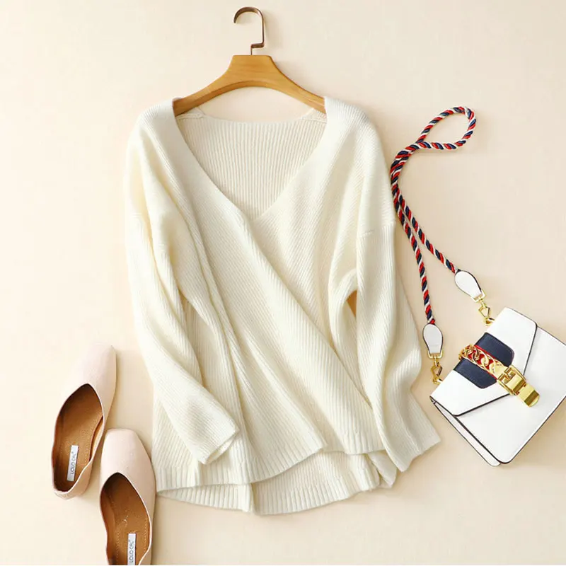 Женский кашемировый свитер пуловер с v-образным вырезом вязаный из 100% чистого