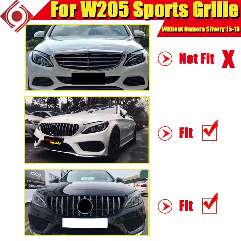 Подходит для Mercedes C205 W205 GTS style grill ABS silver C class передняя решетка без камеры и знака 2015