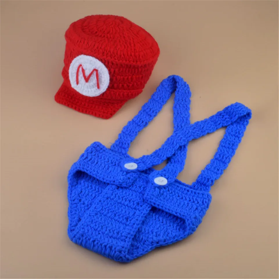 

Crochet Mario Bros Newborn Baby Boy Photography Props Cartoon Costume Infant Baby Knitted Hat Diaper Set Photo Prop MZS-16070