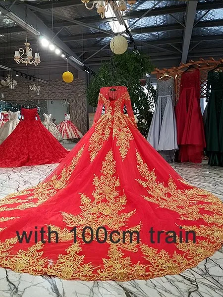 with 100cm train LS32890 золотое кружево красное вечернее платье O-образным вырезом длинным рукавом зашнуруйте назад блестящее платье для свадебной вечеринки с длинным поездом из Китая - Цвет: with 100cm train