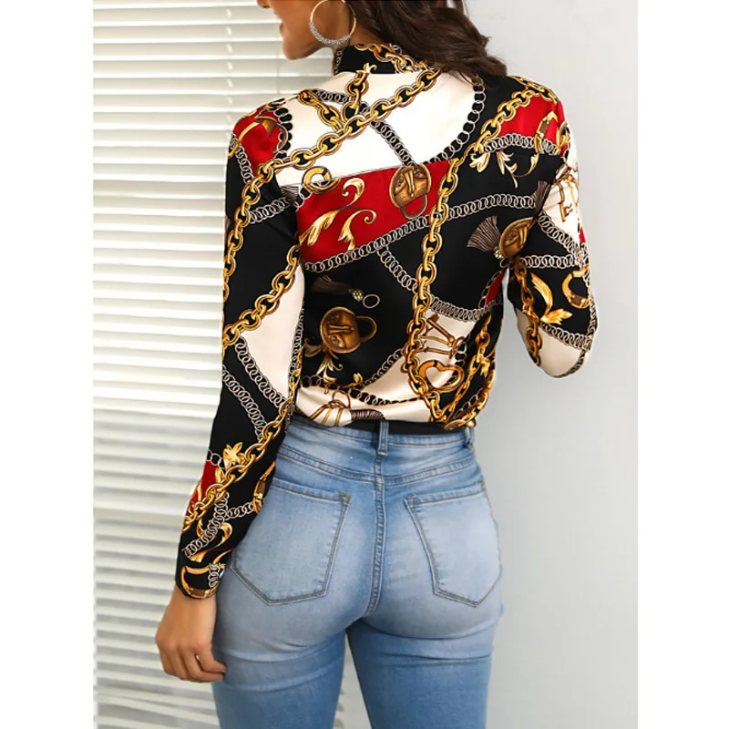 2019 Women Chain Print Casual Shirt Bow Front Office Lady Street Wear Long Sleeve Spring Fall Fashion Shirts |