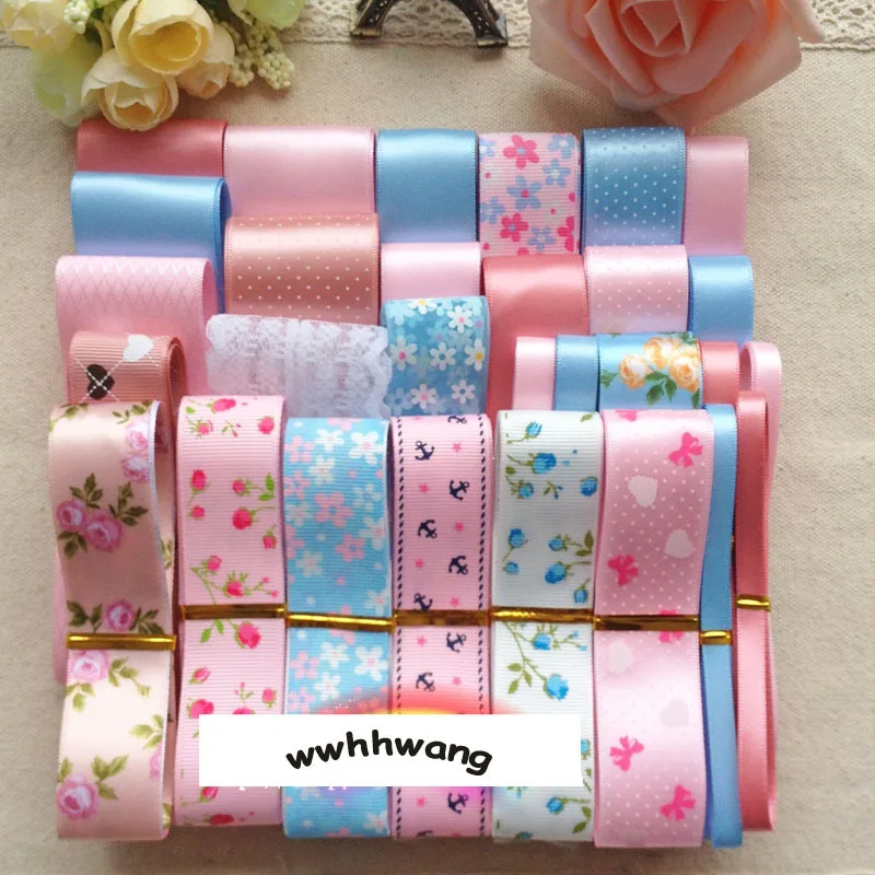 

Free shipping 28 yards Small fresh pink blue style ribbon,Mix Style Printing Grosgrain Ribbon Bows Wedding Party Deco Craft