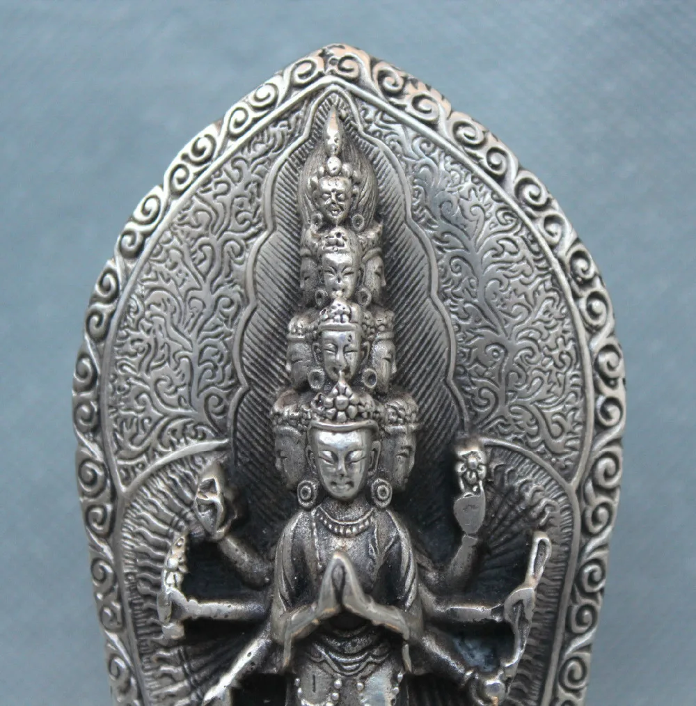 Тибетский буддизм серебро 1000 оружие Avalokiteshvara богини статуя Гуань Инь|Статуи и