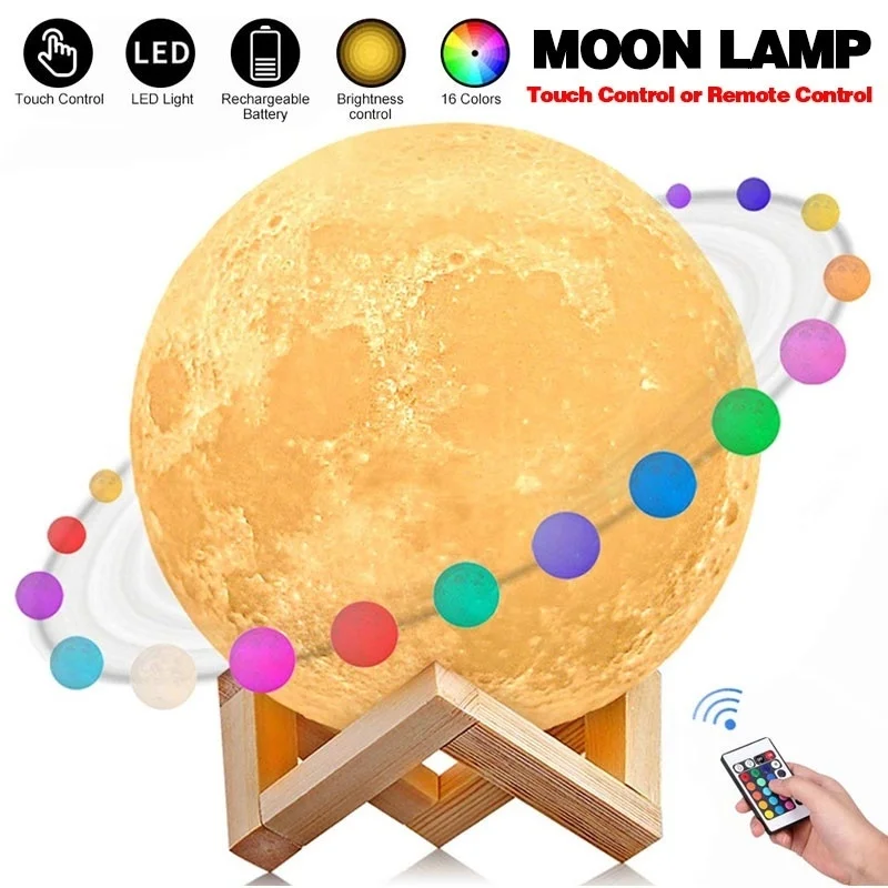 Луна-лампа 8/10/13/15/18/20 см с 16 цветами LED, 3D-печатью, подставкой, пультом и сенсорным управлением, заряжаемая через USB.