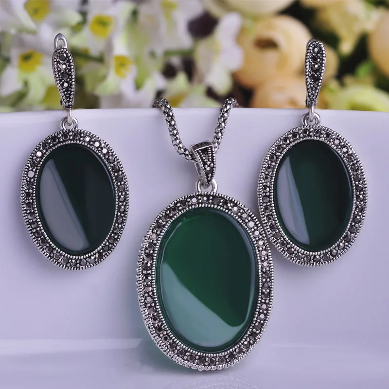 Женский комплект из колье и серёг Blucome красный Овального кулона смолы индейка