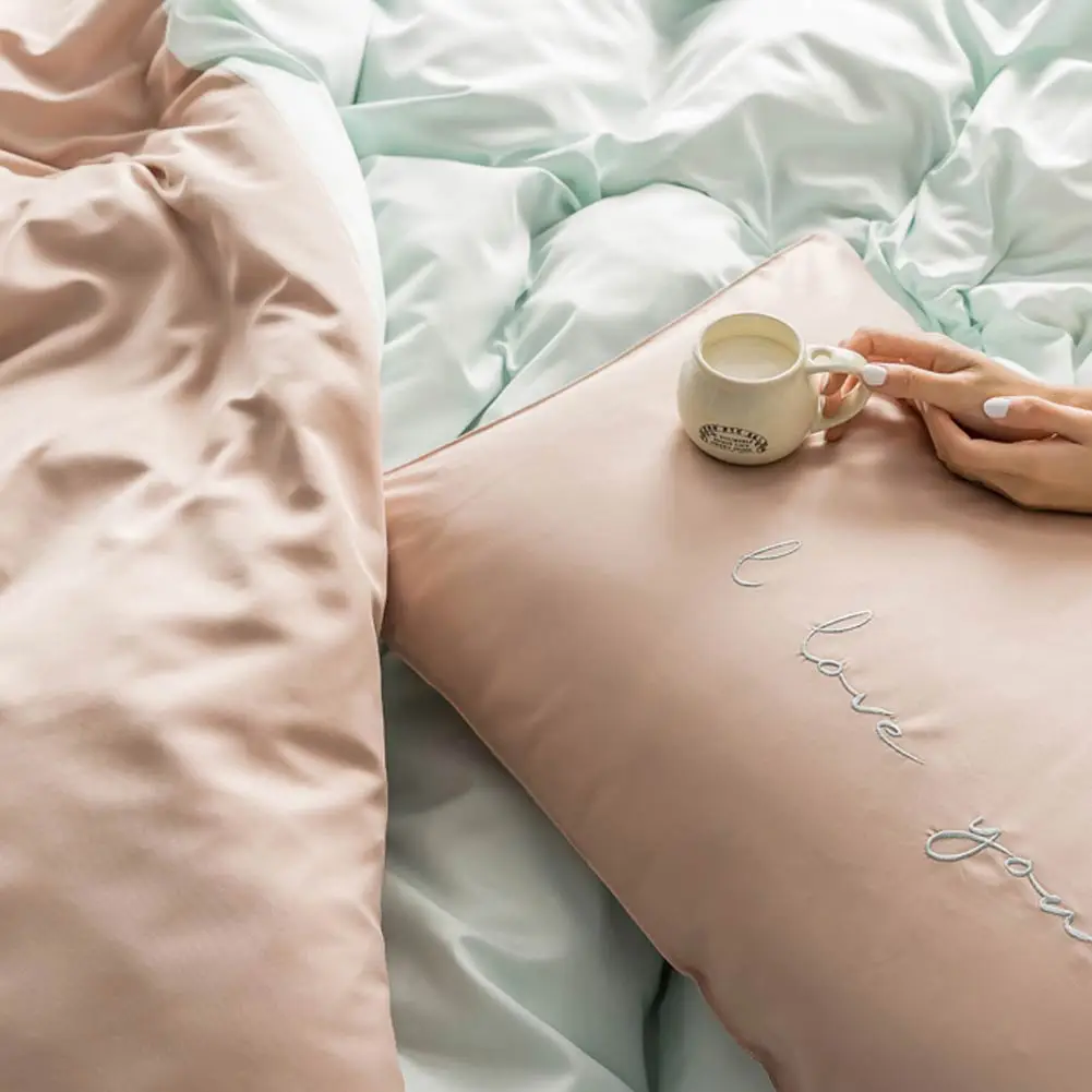 Nordic Light Green Dark INS Embroidery Bedlinens Artificial Silk Satin Duvet Cover Set Queen King Bedsheet Bedding Set