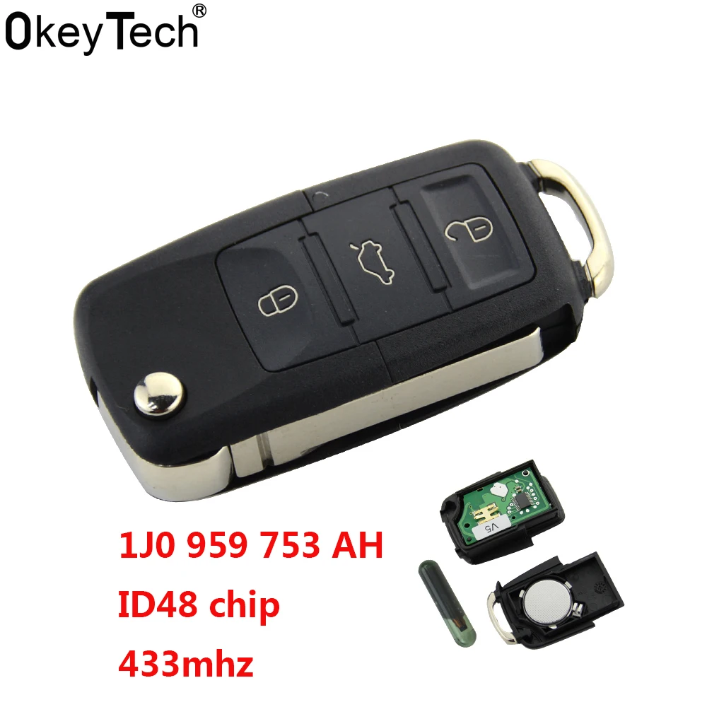 OkeyTech Автомобильный ключ с 3 кнопками 434 МГц флип брелок чипами Blank Blade ID48 K17