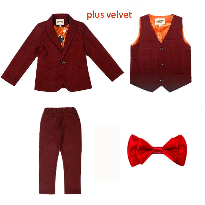 red 3pcs thickening Осень-зима, детский деловой костюм, комплекты клетчатый смокинг с цветочным принтом для мальчиков, жилет, рубашки, штаны, комплекты одежды детский костюм для свадебной вечеринки - Цвет: red 3pcs thickening