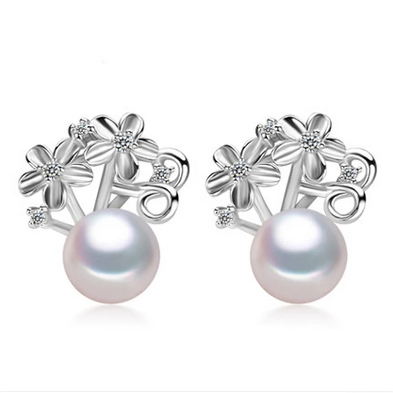 

PEISENI 100% Natural freshwater Pearl Stud Earrings Cultured 925 sterling Silver jewelry Zircon Earring for Women girl