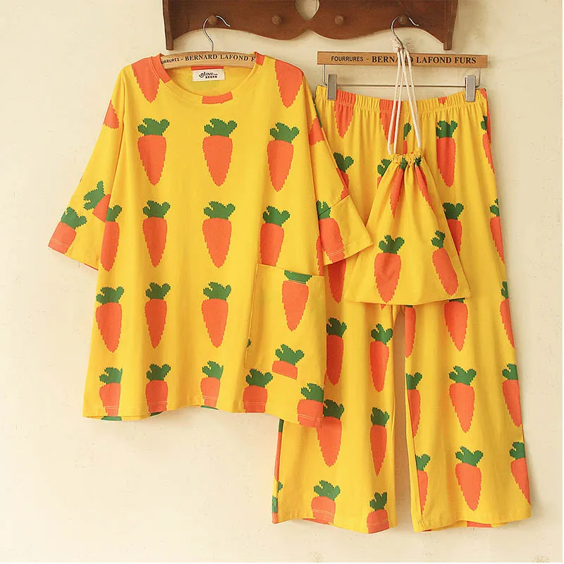 yellow Pjamas for women radish print cotton 2 pieces pajamas set plus size short sleeve pants summer female sleepwear casual home suit - Цвет: yellow
