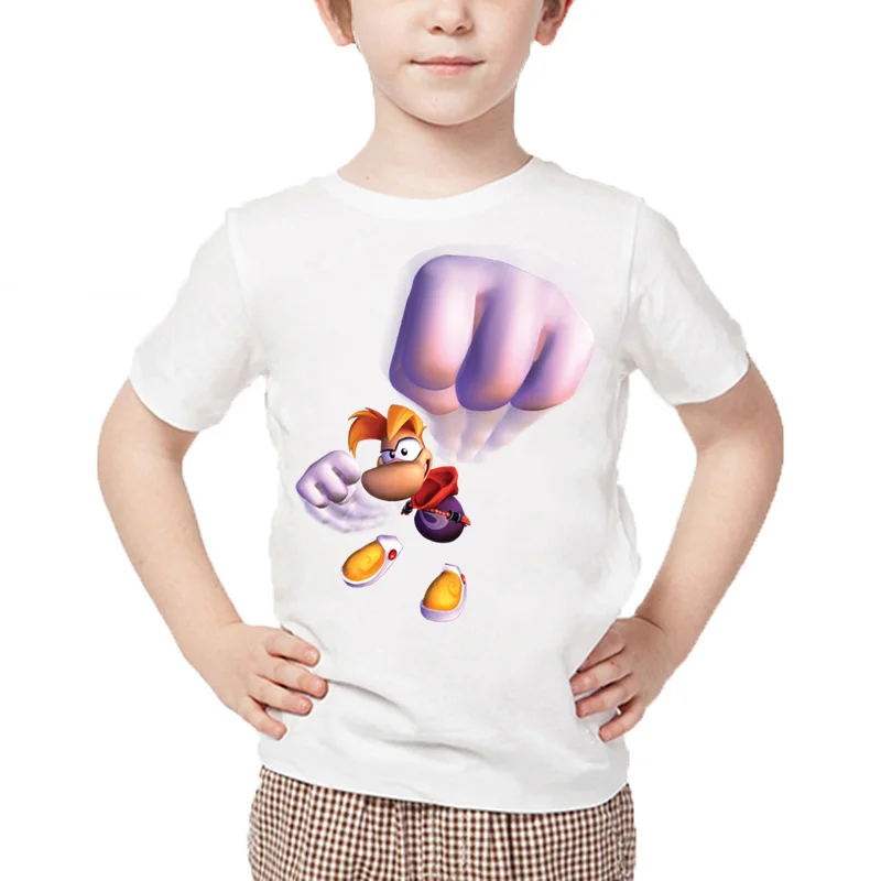 Футболка с принтом из мультфильма «Rayman Legends adventures» для мальчиков летние белые топы для маленьких девочек, детская повседневная забавная футболка HKP5204