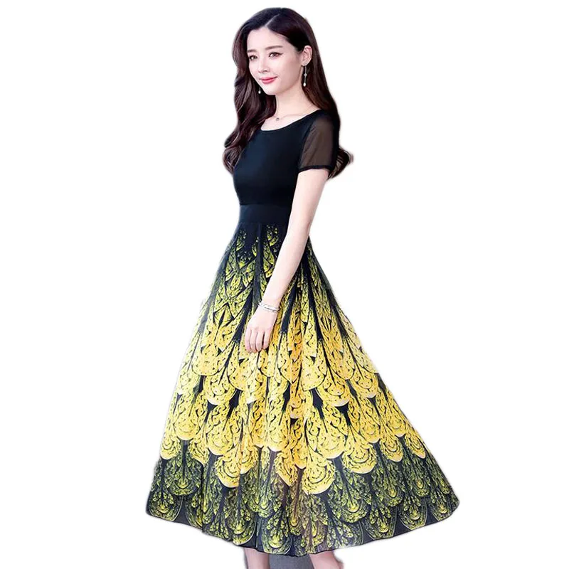 Women Summer Dress Plus Size Short-sleeved Chiffon Sunflower Long Slim Waist Rockabilly E199 | Женская одежда
