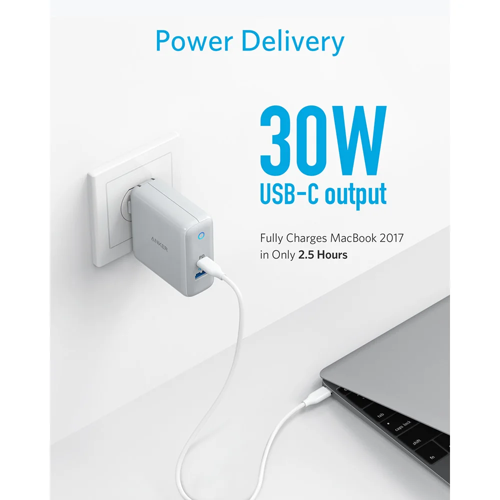 Anker USB C зарядное устройство, мощность порт Скорость+ Duo настенное зарядное устройство с 30 Вт питания порт доставки для iPhone, iPad Pro, MacBook, Galaxy и многое другое