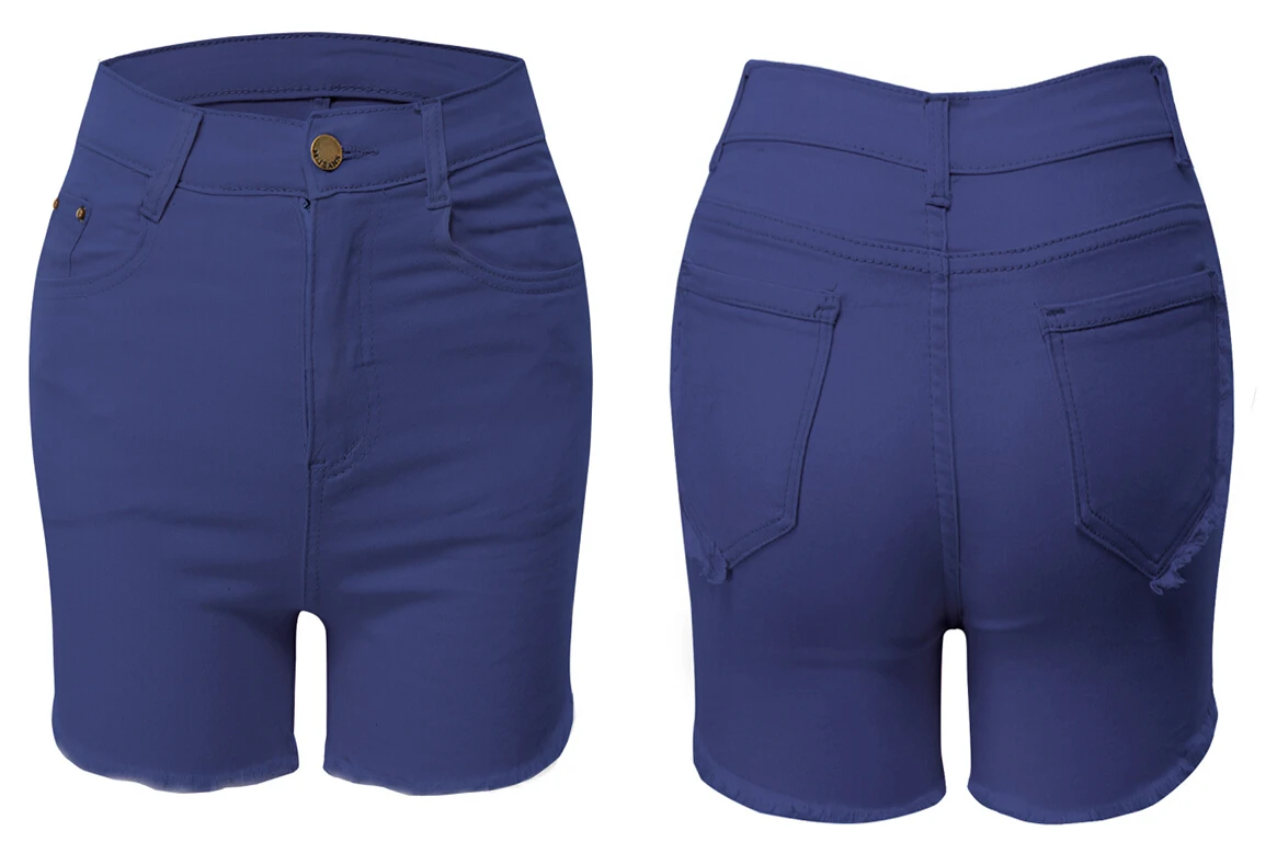 Royal Blue Европейский стиль сплошной цвет женские шорты модные заусенцы Декор потертые джинсовые шорты Сексуальные Высокая талия супер шорты летние джинсовые шорты - Цвет: Royal Blue