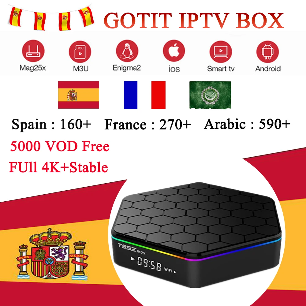 T95Z Plus Android 7,1 iptv-приставка подписка Канал 16G/32G rom 5000 бесплатно live лучший Испания арабский французский paytv smart IPTV приставка