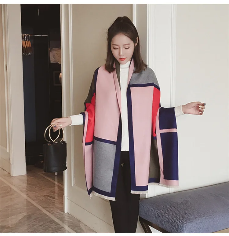 Chanycore Colorblock bow Fashion Winter scarf cashmere pashmina women scarfs Colorblock double-sided warm thick shawl for ladies