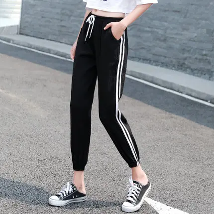 

Women's summer thin section pants loose fashion wild thin slim Side Stripe pants JQ897