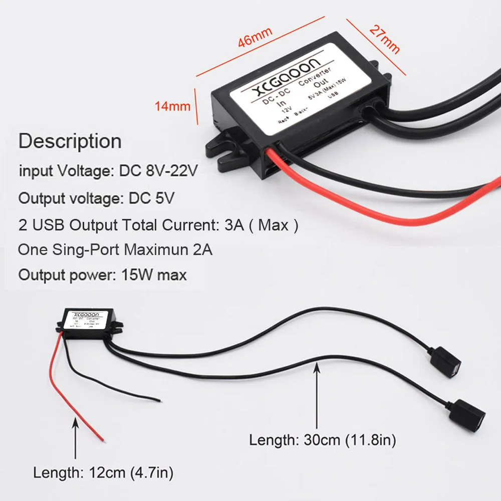 XCGaoon автомобильный DC-DC конвертер Модуль кабель с 2 usb-портами, вход DC 12V к USB выход 5V 3A, зарядка для iPhone смартфон мобильный