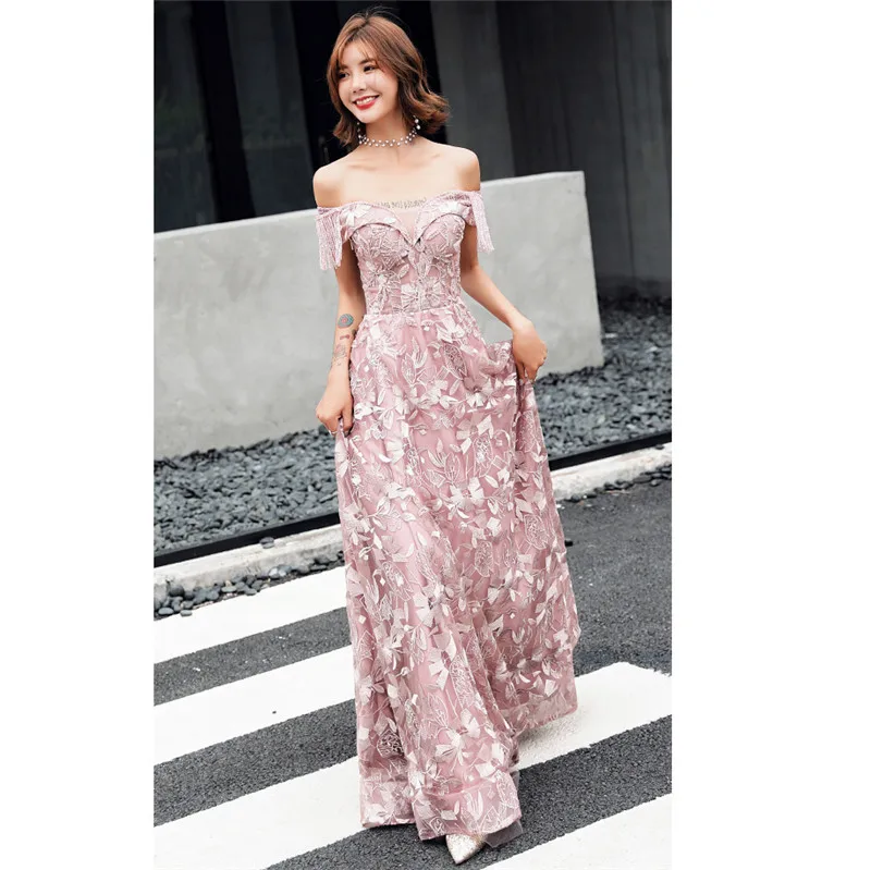 Pink Вечернее Платье с плеча It's YiiYa, Длинные Цветочные Embroid Beeding, с V-образным Вырезом, Плюс Размер, Женщины Вечернее Платье, E509,Лето - Цвет: Pink