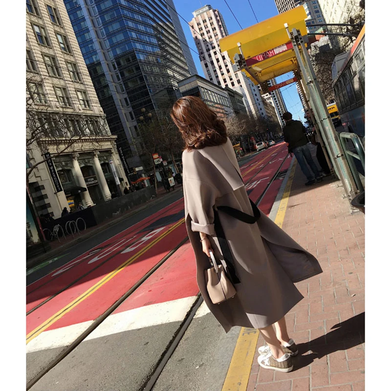 Женский двубортный тренчкот Повседневная Длинная ветровка с воротником-стойкой