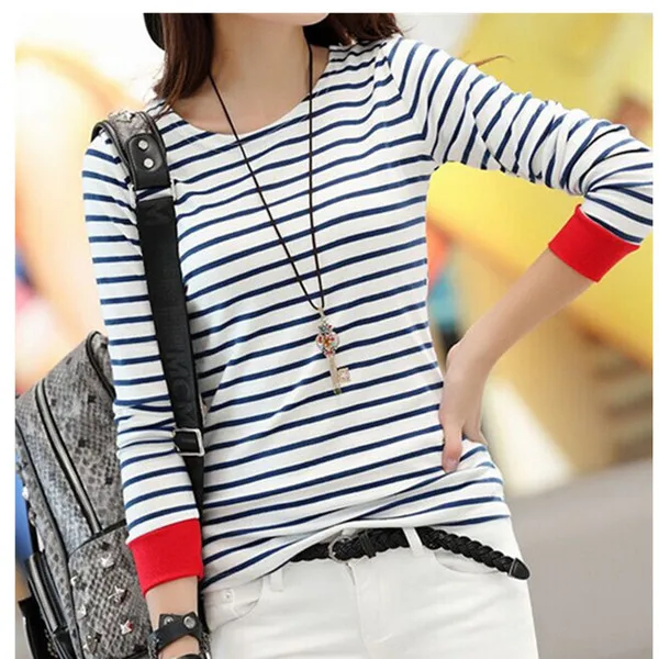 Лидер продаж женские белого и синего цвета в полоску Женщины Top o-образным вырезом